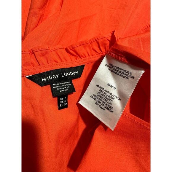 Maggy London Ruffle V- Neck Tiered Cotton Trapeze Dress in Orange Size - Picture 4 of 4